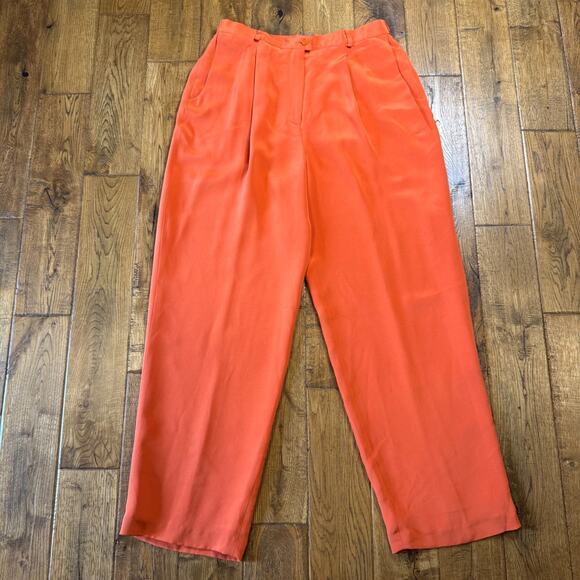 Due per Due 100% Silk 3 Pc Jacket Blouse Pants Set Womens Sz 14-16 Orange Coral - Picture 2 of 16